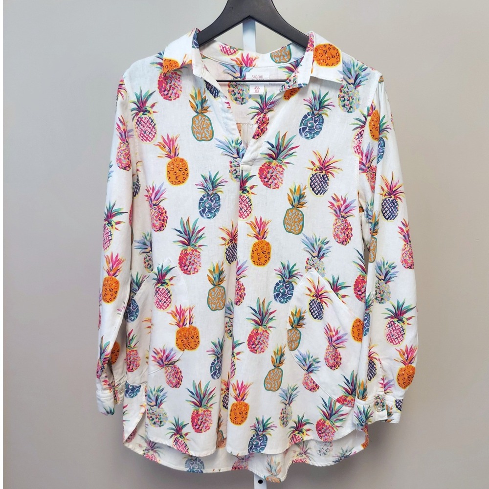 Sigrid Olsen M Pineapple Print Linen Blend Popover Tunic Top Resort‎ Beach Vacay